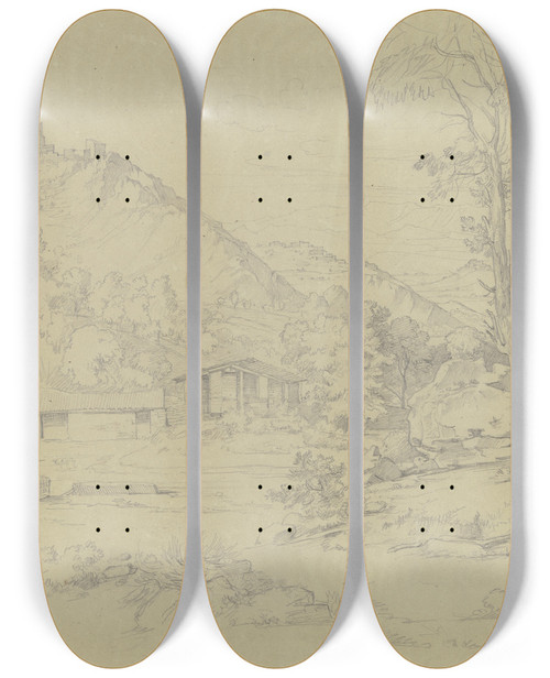 Triptych art skateboard deck of Johann Wilhelm Schirmer Gebirgspartie Mit Ruinen Auf Den Bergen Vorn Ein Wasser Mit Einigen Htten by Johann Wilhelm Schirmer (1807-1863)