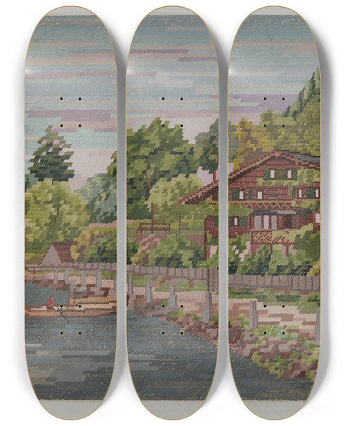 Triptych art skateboard deck of J Howard Iams Landscape In Petit Point by J Howard Iams (20-)