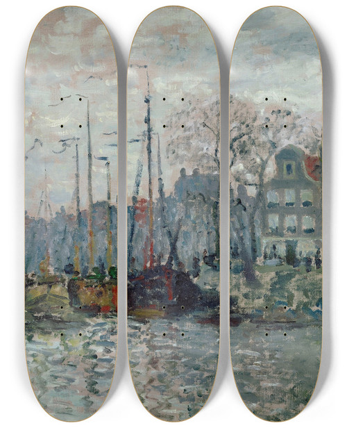 Triptych art skateboard deck of Claude Monet View Of The Prins Hendrikkade And The Kromme Waal In Amsterdam by Claude Monet (1840-1926)
