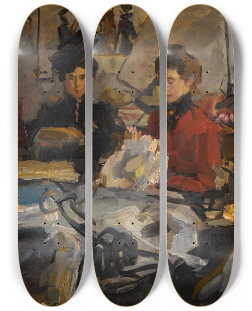 Triptych art skateboard deck of Isaac Israls The Milliners Workshop by Isaac Israels (1865-1934)