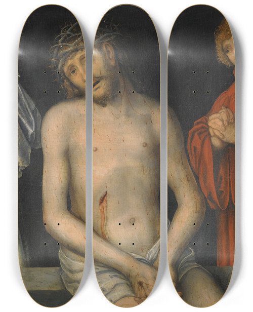 Triptych art skateboard deck of Lucas Cranach The Younger Christ As Man Of Sorrows Together With The Virgin And Saint John by Lucas Cranach the Younger (1515-1586)