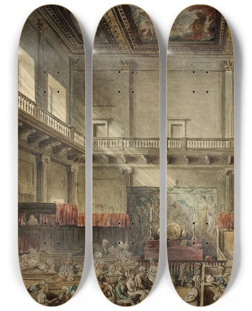 Triptych art skateboard deck of Augustus Charles Pugin Study For Royal Chapel Whitehall In Micocosm Of London_1 by Augustus Charles Pugin (1762-1832)