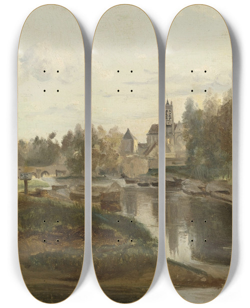 Triptych art skateboard deck of Jeanbaptistecamille Corot Vue De Moretsurloing by Jean-Baptiste-Camille Corot (1796-1875)