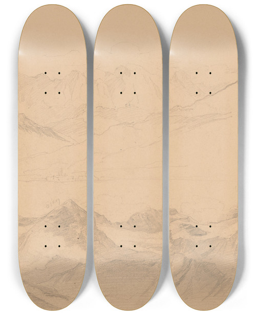 Triptych art skateboard deck of Jzef Simmler Sketches Of Alpine Ranges In Switzerland by Jozef Simmler (1823-1868)