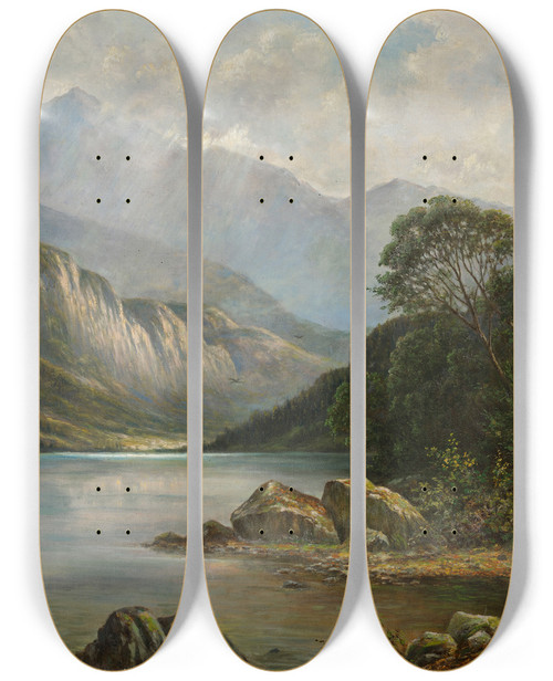 Triptych art skateboard deck of Franz Stephan Paschinger Badersee Mit Wetterstein by Franz Stephan Paschinger (1862-1944)