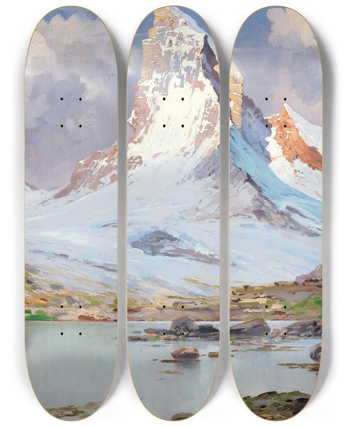 Triptych art skateboard deck of Toni Haller View Of The Matterhorn by Toni Haller (1907-1944)