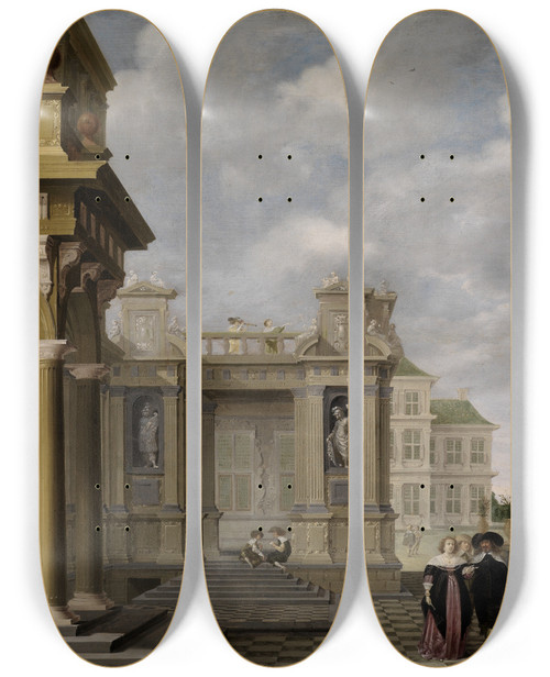 Triptych art skateboard deck of Dirck Van Delen Gartenhof Eines Palastes by Dirck Van Delen (1604-1671)