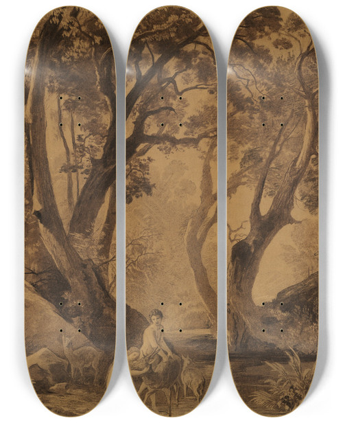 Triptych art skateboard deck of Johann Wilhelm Schirmer Das Innere Eines Urwaldes Im Paradies Ii by Johann Wilhelm Schirmer (1807-1863)