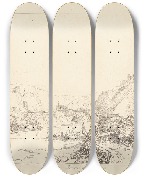 Triptych art skateboard deck of George Arnald Bouvignes And Dinant_1 by George Arnald (1763-1841)