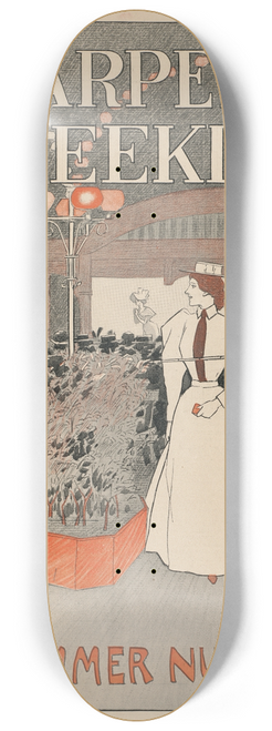 Edward Penfield - Man and woman sit in a crowded caf looking over a crowd with the man pointing with a cane 8.25 inch art skate deck