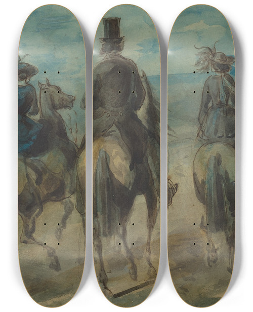 Triptych art skateboard deck of Constantin Guys Promenade In The Bois by Constantin Guys (1805-1892)