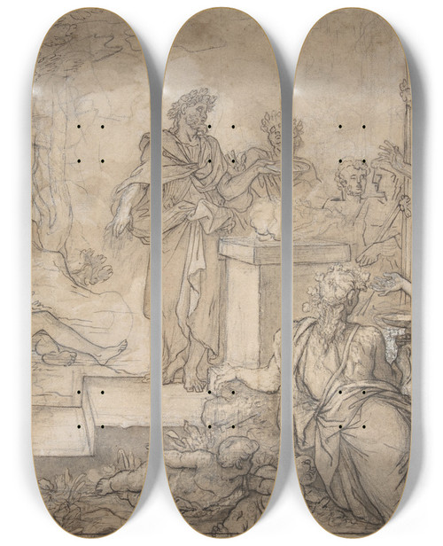 Triptych art skateboard deck of Louis De Boullogne Sacrifice Offered Before A Statue Of Jupiter by Louis Boulogne (1654-1733)