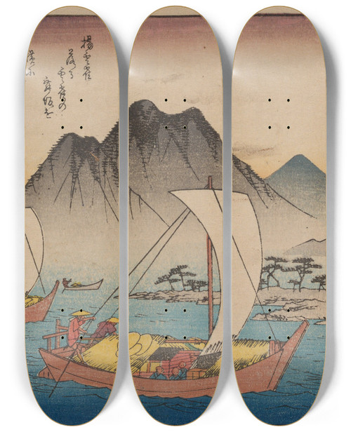 Triptych art skateboard deck of And Hiroshige Tokaido Gojusantsugi Pl31 by Ando Hiroshige (1797-1858)