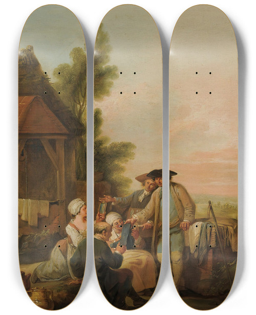 Triptych art skateboard deck of Louis Joseph Watteau The Peddler by Louis Joseph Watteau (1731-1798)