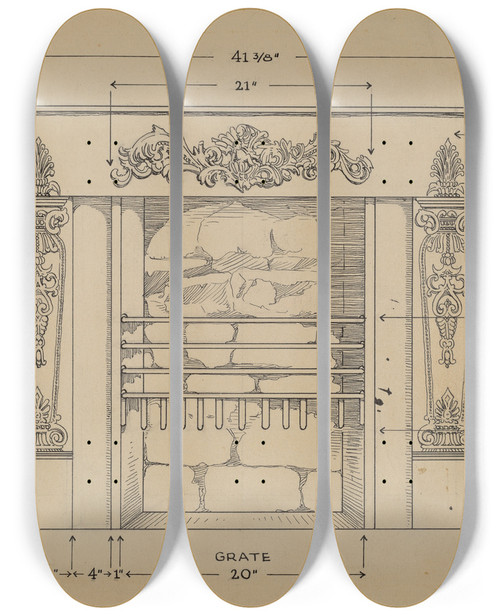 Triptych art skateboard deck of Thomas Byrne Iron Fireplace by Thomas Byrne