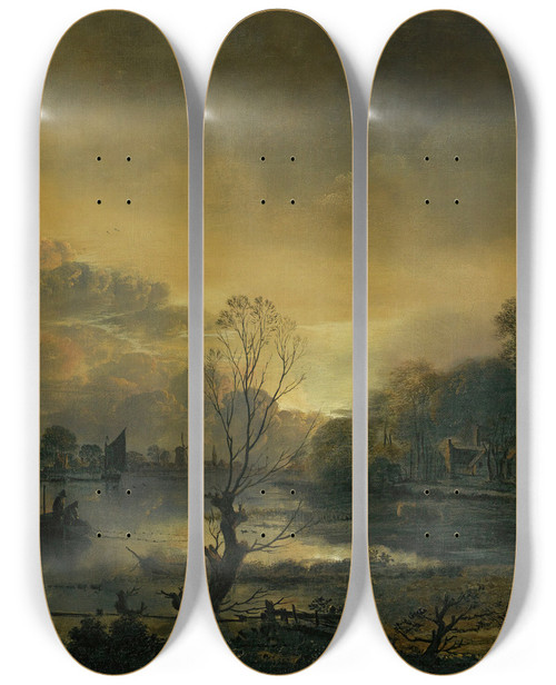 Triptych art skateboard deck of Aert Van Der Neer A River Landscape At Sunset With Fishermen Drawing In Their Net In The Foreground Windmills Beyond by Aert van der Neer (1603-1677)