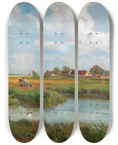 Triptych art skateboard deck of Hugo Darnaut Ein Sommertag by Hugo Darnaut (1850-1937)
