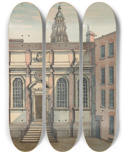 Triptych art skateboard deck of Samuel Ireland Clements Inn_2 by Samuel Ireland (1744-1800)