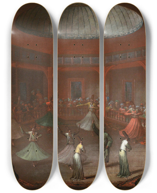 Triptych art skateboard deck of Jean Baptiste Vanmour Whirling Dervishes by Jean Baptiste Vanmour (1671-1737)