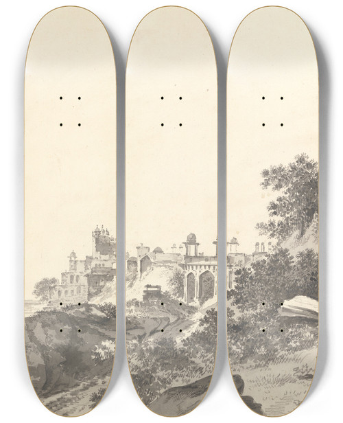 Triptych art skateboard deck of William Hodges Original Drawings For Choix De Vues De Linde And Others Pl02 by William Hodges (1744-1797)
