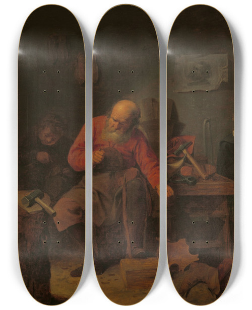 Triptych art skateboard deck of David Ryckaert Iii Interior Of A Cobblers Shop by David Ryckaert Iii (1612-1661)