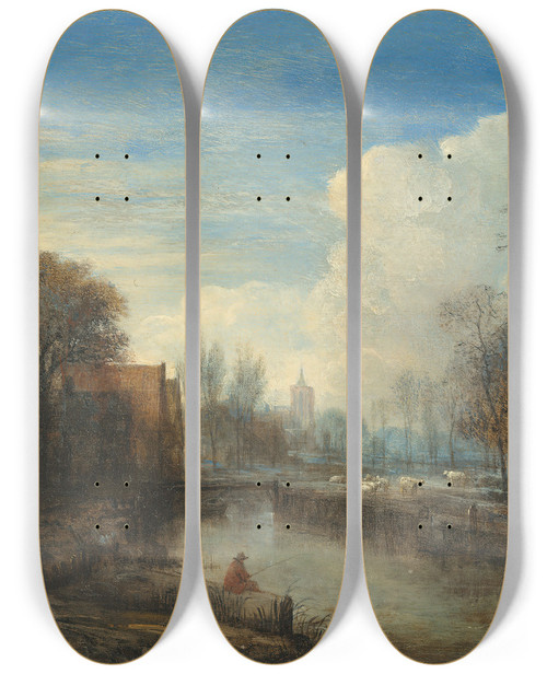 Triptych art skateboard deck of Aert Van Der Neer A River Landscape With An Angler And Sheep On The Banks by Aert van der Neer (1603-1677)