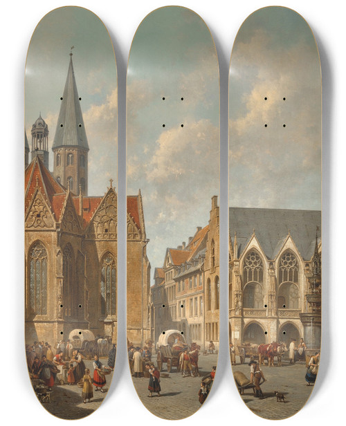 Triptych art skateboard deck of Jacques Franois Carabain The Town Square Of Braunschweig by Jacques Francois Carabain (1834-1933)