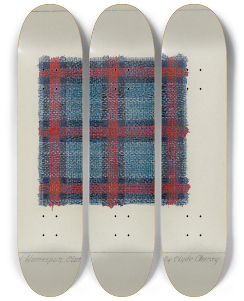 Triptych art skateboard deck of Clyde L Cheney Plaid Homespun Cloth by Clyde L Cheney