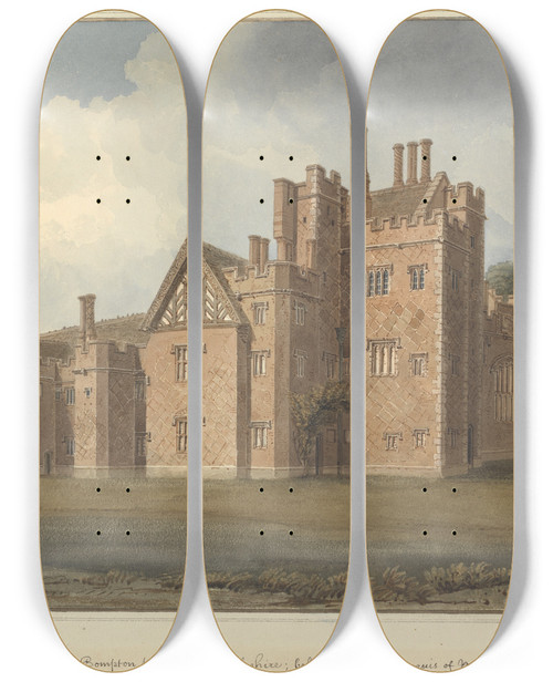 Triptych art skateboard deck of John Buckler South East View Of Compton Winyate Warwickshire Belonging To The Marquis Of Northampton by John Buckler (1770-1851)