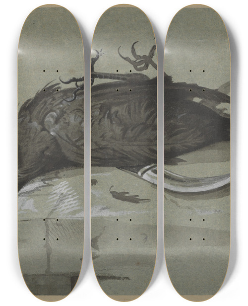 Triptych art skateboard deck of Anselm Feuerbach Toter Rabe Ber Einem Messer Auf Einem Steintisch Liegend by Anselm Feuerbach (1829-1880)
