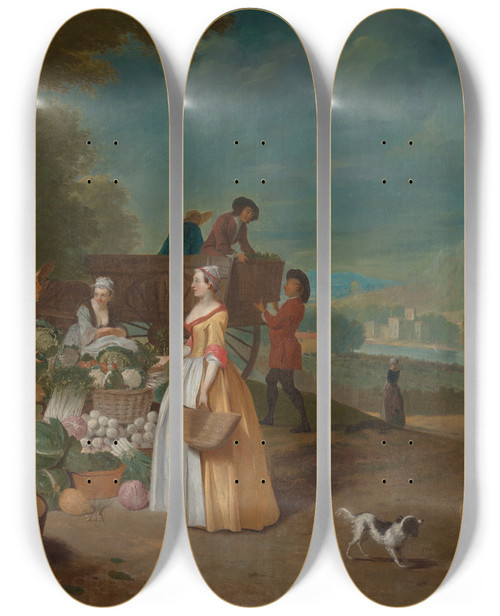 Triptych art skateboard deck of Pieter Angillis The Vegetable Seller by Pieter Angillis (1685-1734)