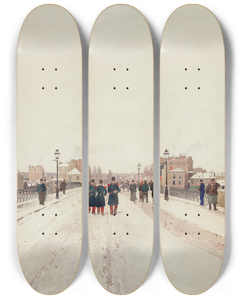 Triptych art skateboard deck of Luigi Loir Figures On A Bridge In The Snow by Loir Luigi (1845-1916)