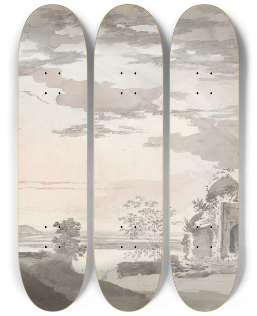 Triptych art skateboard deck of William Hodges Original Drawings For Choix De Vues De Linde And Others Pl16 by William Hodges (1744-1797)