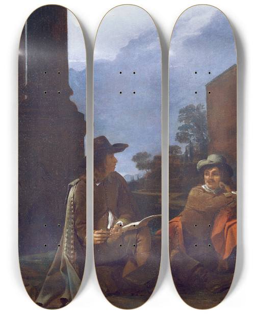 Triptych art skateboard deck of Michael Sweerts Artists Resting By A Fountain by Michael Sweerts (1618-1664)