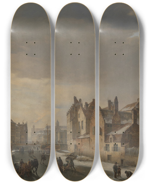 Triptych art skateboard deck of Pieterfrans De Noter Winter Scene In Ghent by Pieter-Frans De Noter (1779-1842)