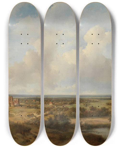 Triptych art skateboard deck of Andreas Schelfhout View Of The Dunes With The Ruins Of Brederode Castle Near Santpoort by Andreas Schelfhout (1787-1870)