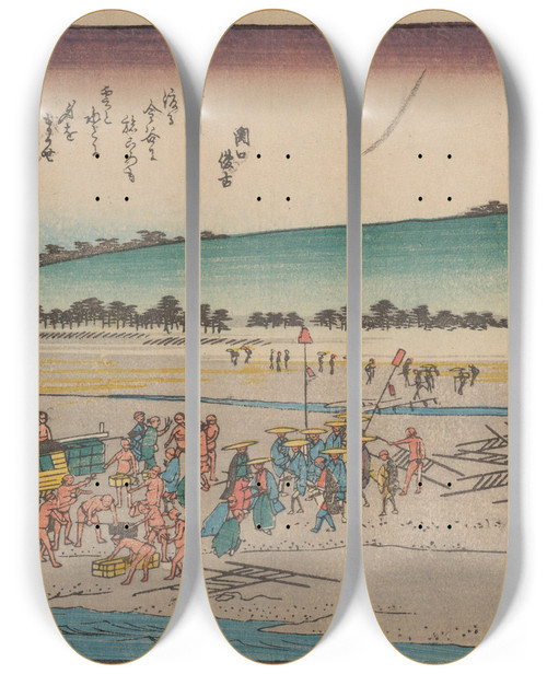 Triptych art skateboard deck of And Hiroshige Tokaido Gojusantsugi Pl25 by Ando Hiroshige (1797-1858)