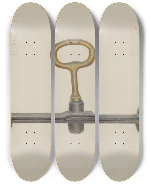 Triptych art skateboard deck of Cornelius Frazier Handcuffs With One Key by Cornelius Frazier