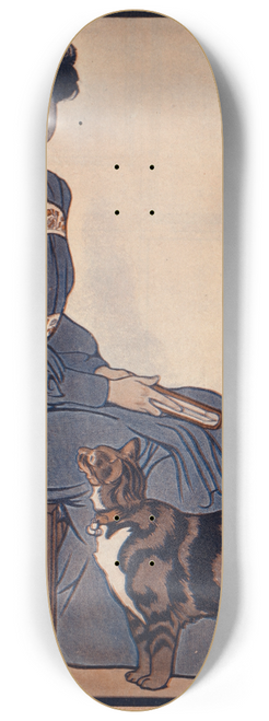 Edward Penfield - Woman sitting on a chair holding a book with a cat looking on. 8.25 inch art skate deck