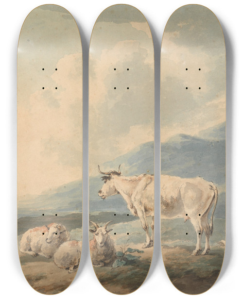 Triptych art skateboard deck of Peter La Cave Mountain Landscape With Cows And Goats Foreground And Figures Left by Peter La Cave