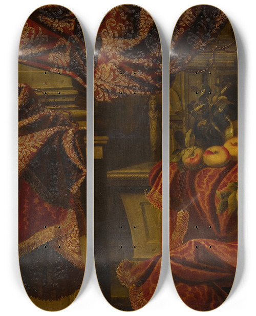 Triptych art skateboard deck of Carlo Manieri Still Lifeof Fruit Set On A Ledge Draped With Brocade by Carlo Manieri (1662-1700)