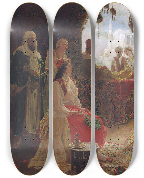 Triptych art skateboard deck of Ettore Simonetti The Carpet Merchant by Ettore Simonetti (1857-1909)