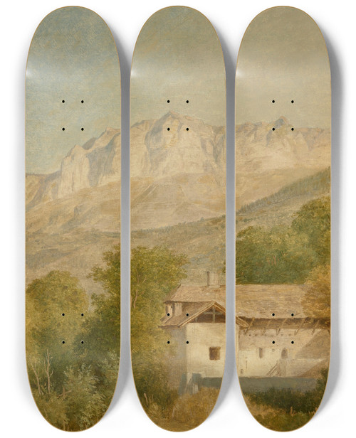 Triptych art skateboard deck of Wolfgang Adam Tpffer Vue Dune Ferme Et Du Massif Des Mmises Prise Depuis Stpaulenchablais Ou Maxilly by Wolfgang Adam Topffer (1766-1847)