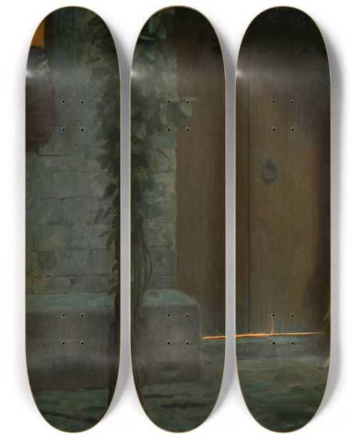 Triptych art skateboard deck of Jeanlon Grme Cupid At The Door In A Rainstorm by Jean-Lon Grme (1824-1904)