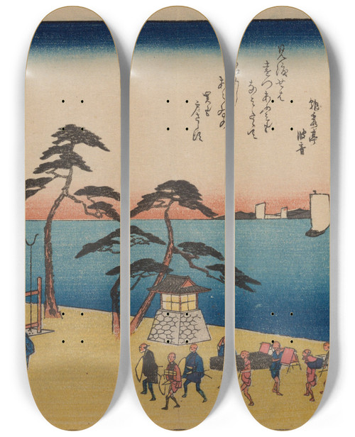 Triptych art skateboard deck of And Hiroshige Tokaido Gojusantsugi Pl32 by Ando Hiroshige (1797-1858)