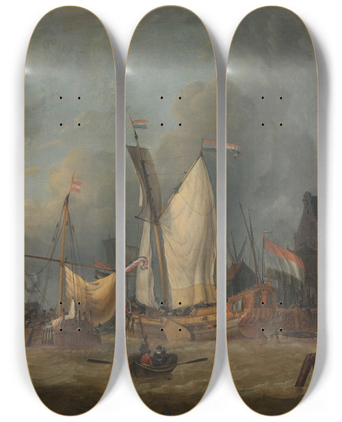 Triptych art skateboard deck of Jan Claesz Rietschoof A Storm Ships In The Harbor In A Stiff Breeze by Jan Claesz Rietschoof (1651-1719)