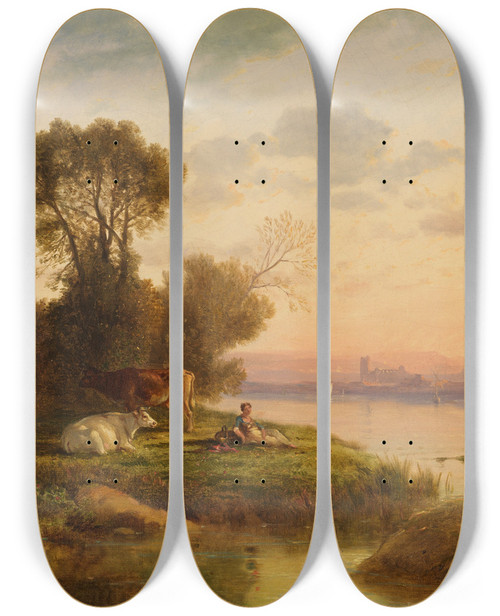 Triptych art skateboard deck of Heinrich Dreber Arkadische Landschaft by Heinrich Dreber (1822-1875)