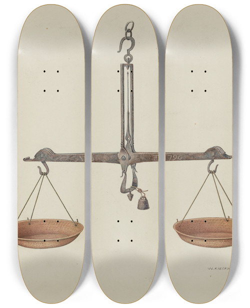 Triptych art skateboard deck of William Kieckhofel Balance Scales by William Kieckhofel (20-)
