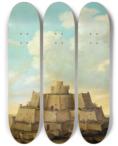 Triptych art skateboard deck of Matthieu Dubus A Fortress by Matthieu Dubus (1590-1665)