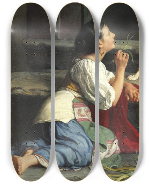 Triptych art skateboard deck of Axel Helsted Ung Italienerinde Der Leger Med En Hund by Axel Helsted (1847-1907)